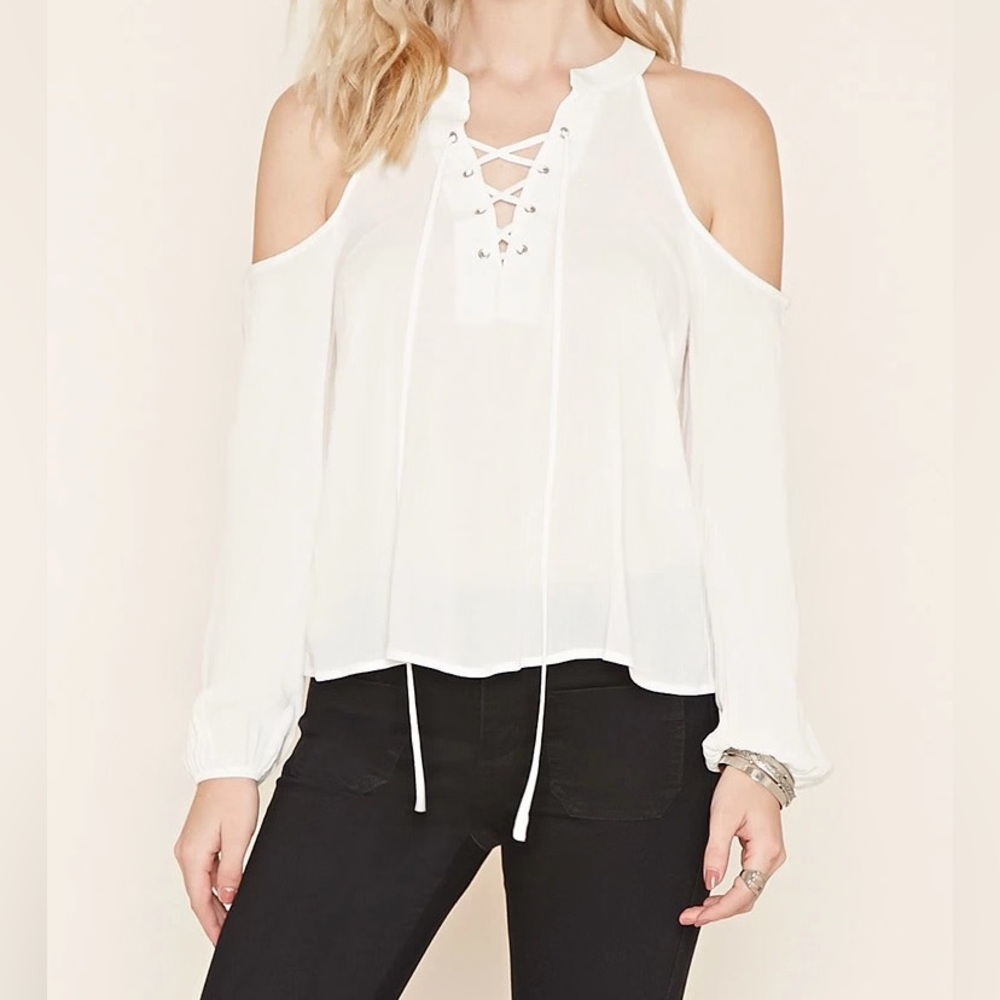 Buffalo David Bitton White Cold-Shoulder Lace-Up Blouse